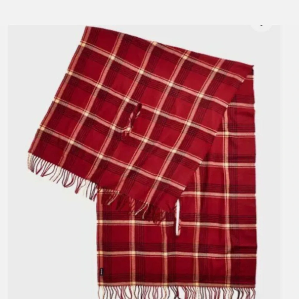 Madewell Red Plaid Scarf Cape Poncho with‎ Armholes Fringe Trim Oversized Wrap